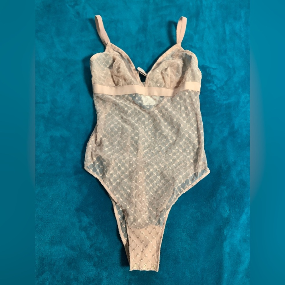 Wolford Powder Pink Sheer Lace Mesh Bodysuit